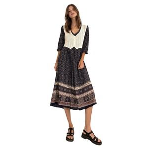 Vintage Olivia Rose 90s Crochet Vest Floral Midi Dress Black Womens 12 Grunge